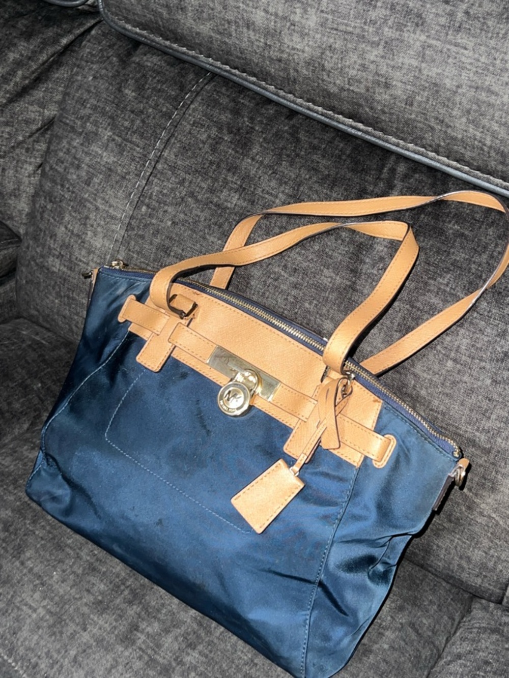 Michael Kors Navy and Tan Shoulder Tote with Gold Hardware